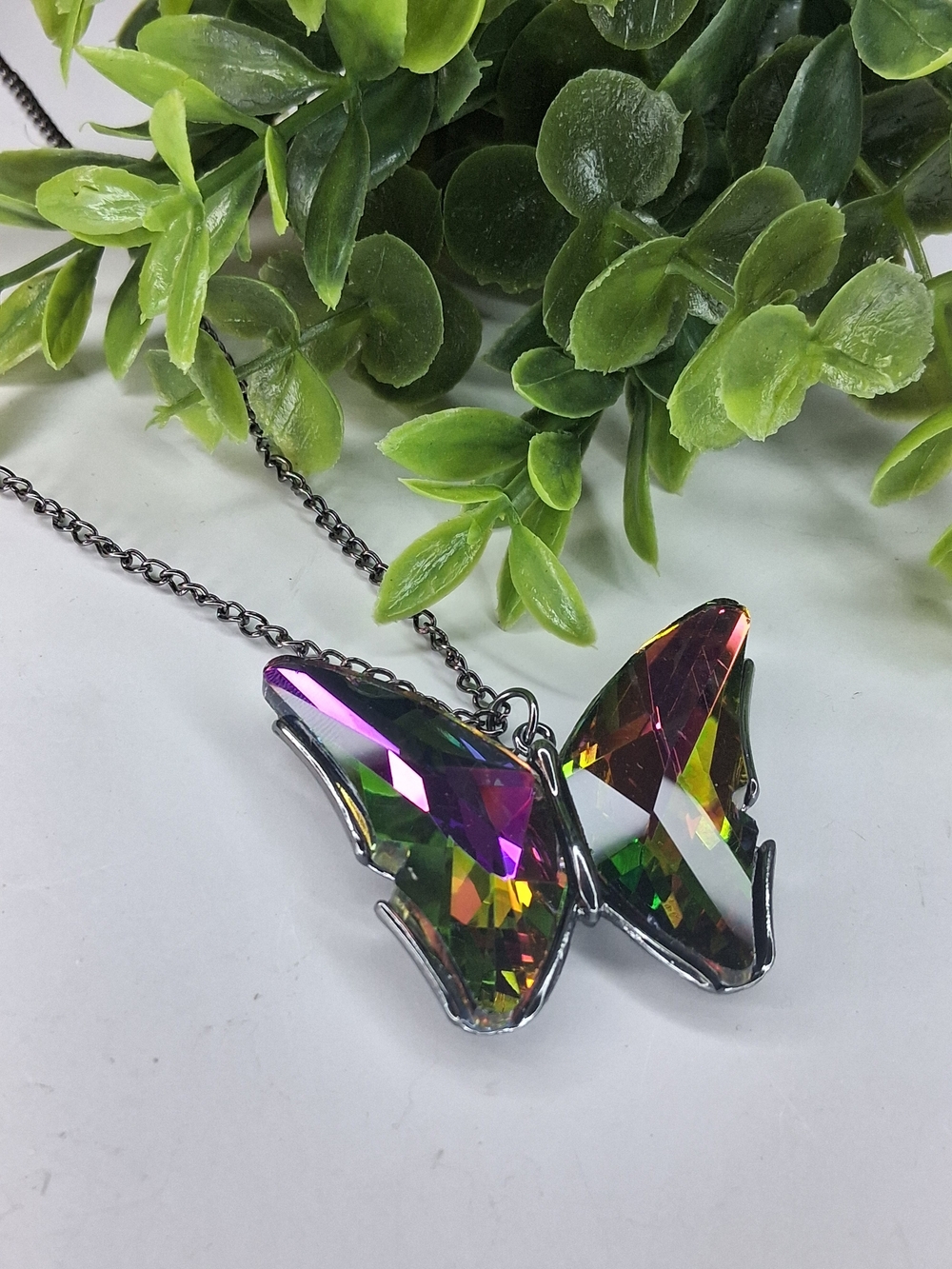 Multicolored Oil SPILL Iridescent Butterfly Crystal Necklace